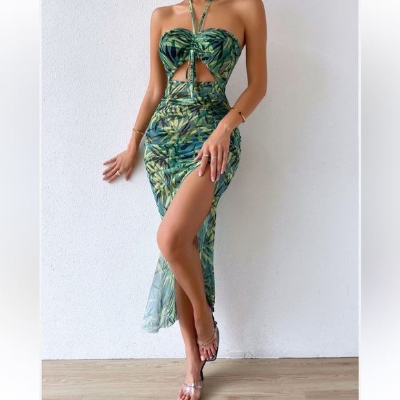 Tropical Print Sheer Drawstring Cinch Slit Thigh Dress Sexy Bodycon Stretch - Picture 2 of 16